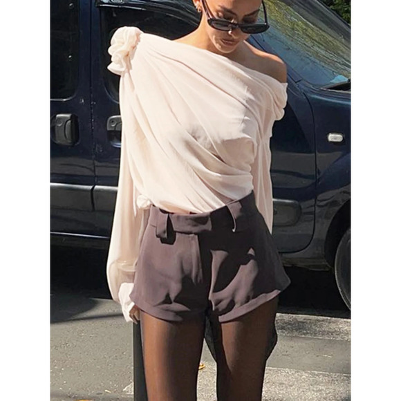 NWT Commense Chiffon Semi-Sheer One Shoulder Asymmetrical Blouse Apricot Size S - Picture 1 of 6